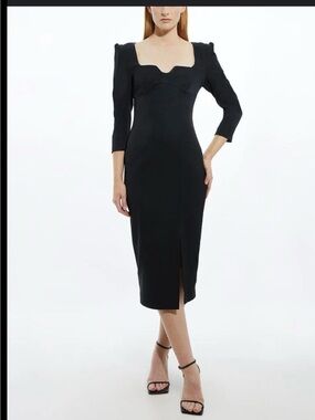 Karen Millen Black Midi Dress with Sweetheart Square Neck
